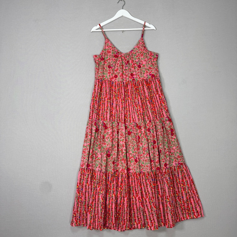 Chelsea & Theodore Floral Maxi Dress Womens L Pink Tiered Poplin Cottage Prairie